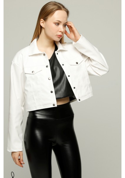 Kadın Oversize Kısa Çıt Çıt Kapamalı Deri Ceket Bomber Mont Kolej Deri Sahte Cep Detaylı Ceket fiyatları