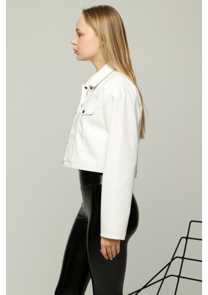 Kadın Oversize Kısa Çıt Çıt Kapamalı Deri Ceket Bomber Mont Kolej Deri Sahte Cep Detaylı Ceket fırsatları