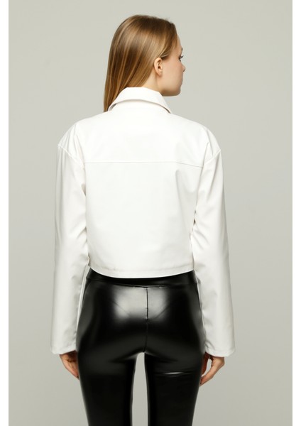 Kadın Oversize Kısa Çıt Çıt Kapamalı Deri Ceket Bomber Mont Kolej Deri Sahte Cep Detaylı Ceket indirimleri