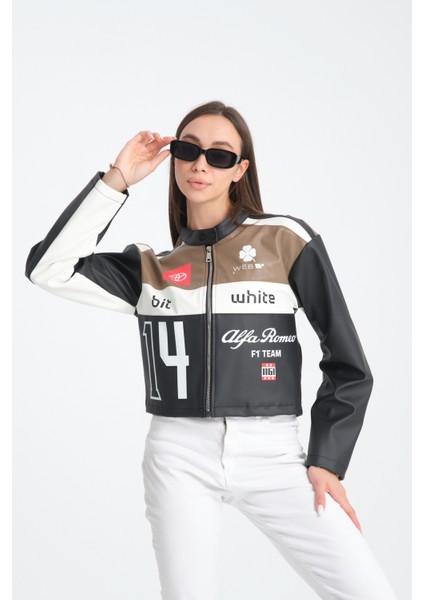 Kadın Oversize Baskılı Deri Şeritli Motorcu Montu Garnili Fermuarlı Yarışçı Ceketi Bomber Kolej Mont