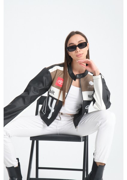 Kadın Oversize Baskılı Deri Şeritli Motorcu Montu Garnili Fermuarlı Yarışçı Ceketi Bomber Kolej Mont fiyatları