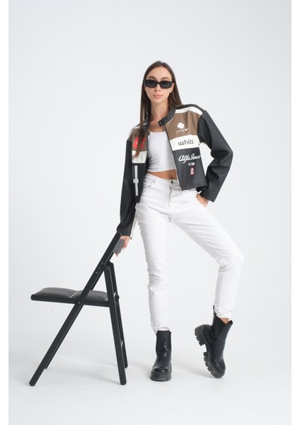 Kadın Oversize Baskılı Deri Şeritli Motorcu Montu Garnili Fermuarlı Yarışçı Ceketi Bomber Kolej Mont modelleri