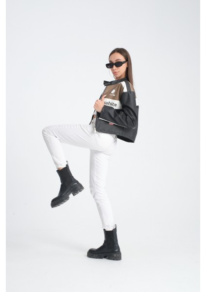 Kadın Oversize Baskılı Deri Şeritli Motorcu Montu Garnili Fermuarlı Yarışçı Ceketi Bomber Kolej Mont fırsatları