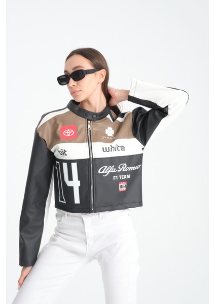 Kadın Oversize Baskılı Deri Şeritli Motorcu Montu Garnili Fermuarlı Yarışçı Ceketi Bomber Kolej Mont indirimleri