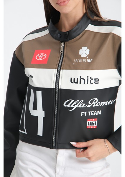 Kadın Oversize Baskılı Deri Şeritli Motorcu Montu Garnili Fermuarlı Yarışçı Ceketi Bomber Kolej Mont