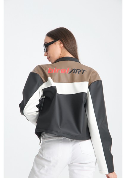 Kadın Oversize Baskılı Deri Şeritli Motorcu Montu Garnili Fermuarlı Yarışçı Ceketi Bomber Kolej Mont