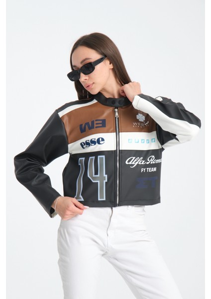 Kadın Oversize Baskılı Deri Şeritli Motorcu Montu Garnili Fermuarlı Yarışçı Ceketi Bomber Kolej Mont
