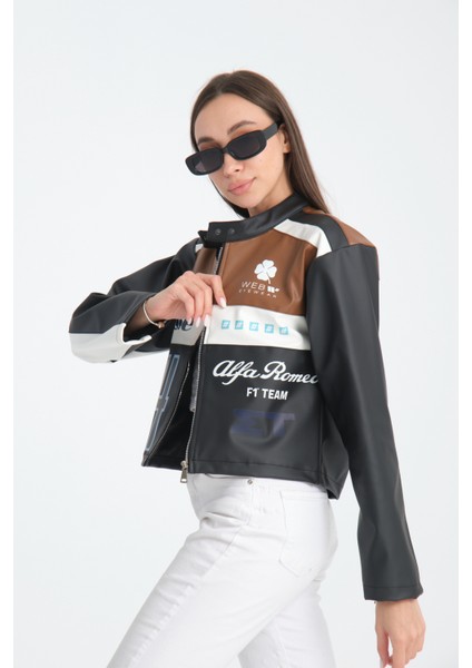 Kadın Oversize Baskılı Deri Şeritli Motorcu Montu Garnili Fermuarlı Yarışçı Ceketi Bomber Kolej Mont fırsatları