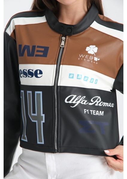 Kadın Oversize Baskılı Deri Şeritli Motorcu Montu Garnili Fermuarlı Yarışçı Ceketi Bomber Kolej Mont