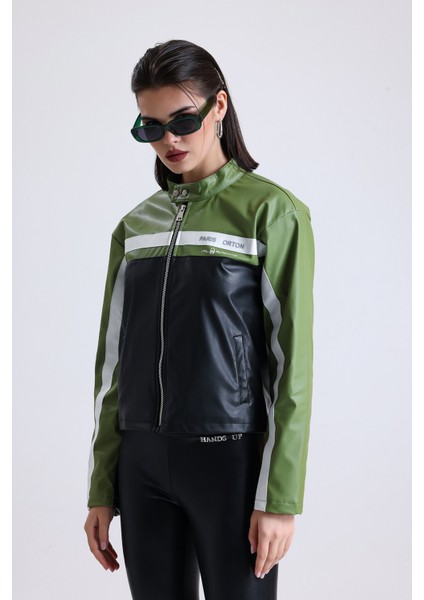 Kadın Oversize Baskılı Motorcu Ceketi Fermuarlı Kolej Mont Bomber Deri Yarışçı Montu Yeşil modelleri