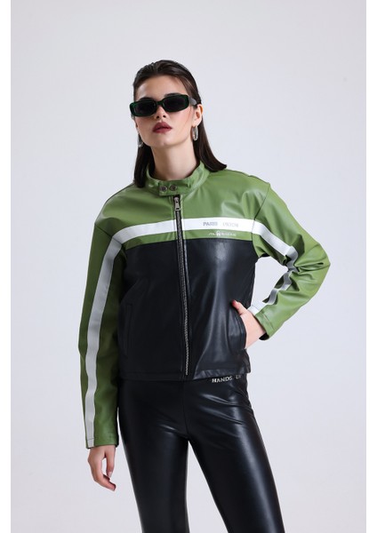 Kadın Oversize Baskılı Motorcu Ceketi Fermuarlı Kolej Mont Bomber Deri Yarışçı Montu Yeşil fırsatları