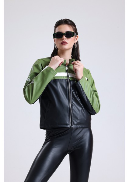 Kadın Oversize Baskılı Motorcu Ceketi Fermuarlı Kolej Mont Bomber Deri Yarışçı Montu Yeşil indirimleri