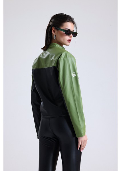 Kadın Oversize Baskılı Motorcu Ceketi Fermuarlı Kolej Mont Bomber Deri Yarışçı Montu Yeşil