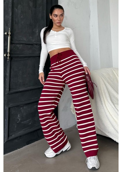 Bordo Çizgili Kadın Triko Pantolon MG2342