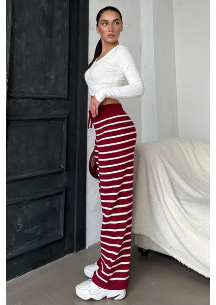 Bordo Çizgili Kadın Triko Pantolon MG2342 fiyatları