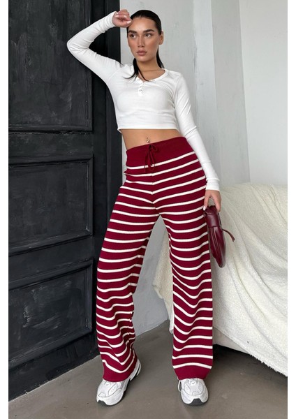 Bordo Çizgili Kadın Triko Pantolon MG2342 fırsatları