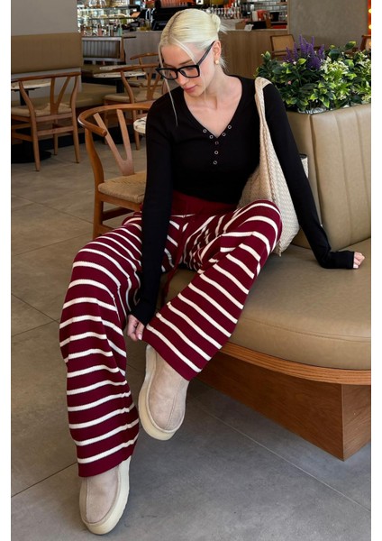 Bordo Çizgili Kadın Triko Pantolon MG2342