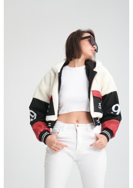 Kadın Oversize Peluş Baskılı Ceket Puf Deri Garnili Motorcu Yarışçı Mont Yünlü Ceket Mont