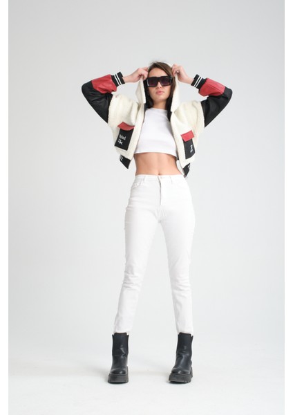 Kadın Oversize Peluş Baskılı Ceket Puf Deri Garnili Motorcu Yarışçı Mont Yünlü Ceket Mont fiyatları