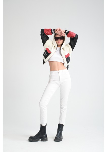 Kadın Oversize Peluş Baskılı Ceket Puf Deri Garnili Motorcu Yarışçı Mont Yünlü Ceket Mont modelleri