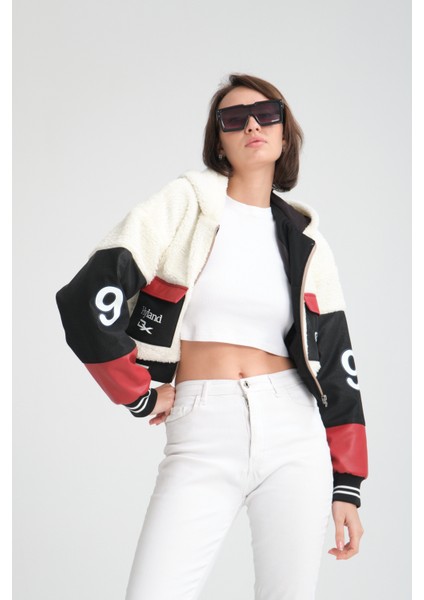 Kadın Oversize Peluş Baskılı Ceket Puf Deri Garnili Motorcu Yarışçı Mont Yünlü Ceket Mont fırsatları