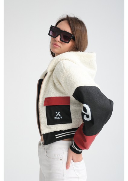 Kadın Oversize Peluş Baskılı Ceket Puf Deri Garnili Motorcu Yarışçı Mont Yünlü Ceket Mont indirimleri