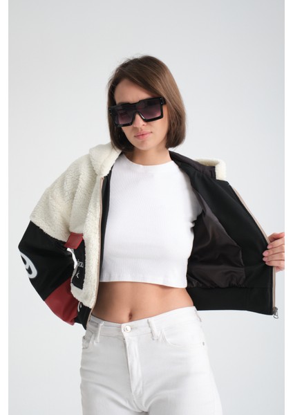 Kadın Oversize Peluş Baskılı Ceket Puf Deri Garnili Motorcu Yarışçı Mont Yünlü Ceket Mont