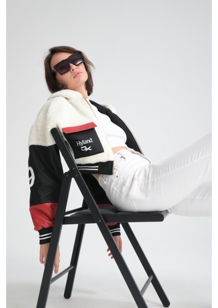 Kadın Oversize Peluş Baskılı Ceket Puf Deri Garnili Motorcu Yarışçı Mont Yünlü Ceket Mont