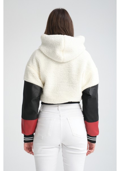 Kadın Oversize Peluş Baskılı Ceket Puf Deri Garnili Motorcu Yarışçı Mont Yünlü Ceket Mont