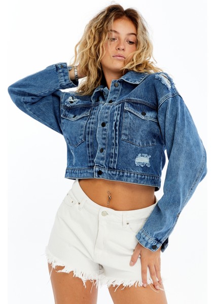 Kadın Oversize Bomber Kot Ceket – Günlük Kullanım – Özgün Crop Tasarım