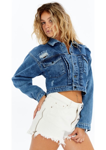 Kadın Oversize Bomber Kot Ceket – Günlük Kullanım – Özgün Crop Tasarım