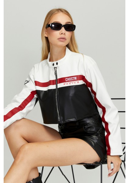 Kadın Kısa Oversize Baskılı Motorcu Ceketi Fermuarlı Kolej Mont Bomber Deri Yarışçı Montu