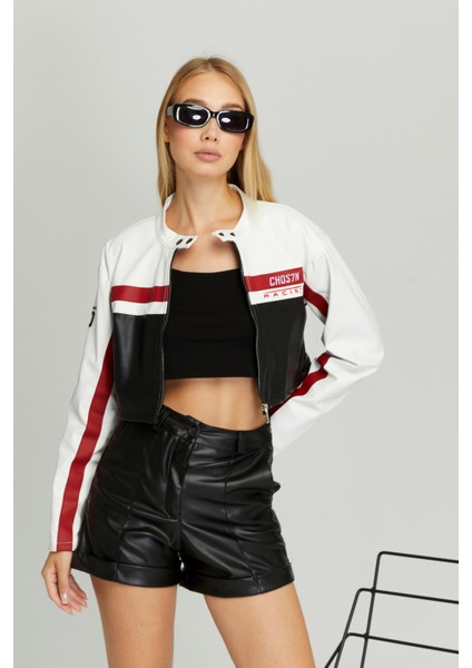 Kadın Kısa Oversize Baskılı Motorcu Ceketi Fermuarlı Kolej Mont Bomber Deri Yarışçı Montu fiyatları