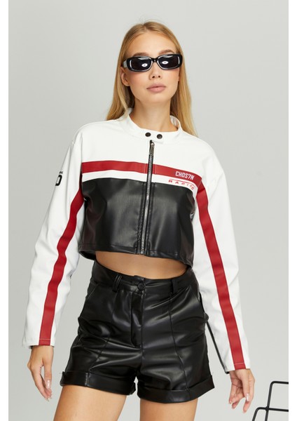 Kadın Kısa Oversize Baskılı Motorcu Ceketi Fermuarlı Kolej Mont Bomber Deri Yarışçı Montu indirimleri