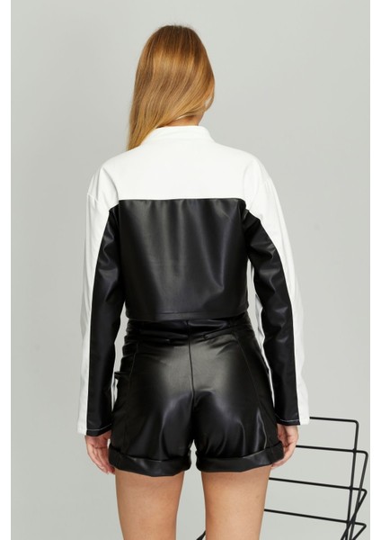 Kadın Kısa Oversize Baskılı Motorcu Ceketi Fermuarlı Kolej Mont Bomber Deri Yarışçı Montu