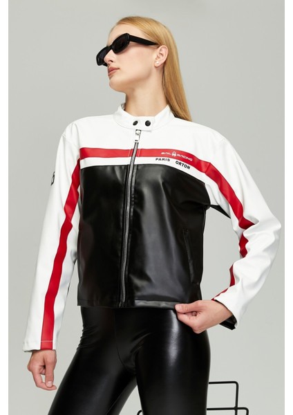 Kadın Oversize Baskılı Motorcu Ceketi Fermuarlı Kolej Mont Bomber Deri Yarışçı Montu Beyaz