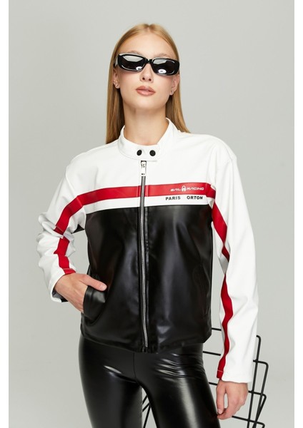 Kadın Oversize Baskılı Motorcu Ceketi Fermuarlı Kolej Mont Bomber Deri Yarışçı Montu Beyaz fiyatları