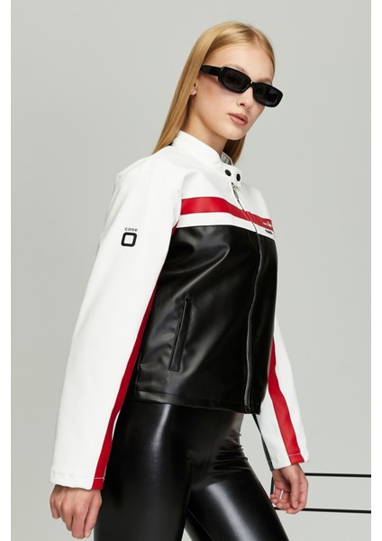 Kadın Oversize Baskılı Motorcu Ceketi Fermuarlı Kolej Mont Bomber Deri Yarışçı Montu Beyaz fırsatları