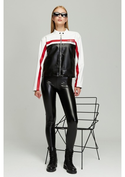 Kadın Oversize Baskılı Motorcu Ceketi Fermuarlı Kolej Mont Bomber Deri Yarışçı Montu Beyaz indirimleri