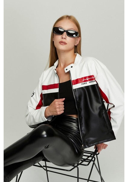 Kadın Oversize Baskılı Motorcu Ceketi Fermuarlı Kolej Mont Bomber Deri Yarışçı Montu Beyaz