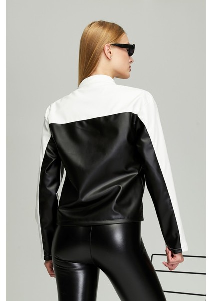 Kadın Oversize Baskılı Motorcu Ceketi Fermuarlı Kolej Mont Bomber Deri Yarışçı Montu Beyaz