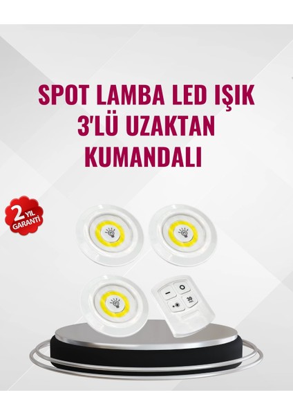 3 Lü Pilli Kablosuz LED Spot Lamba Seti Kumandalı Kolay Montaj Aydınlatma