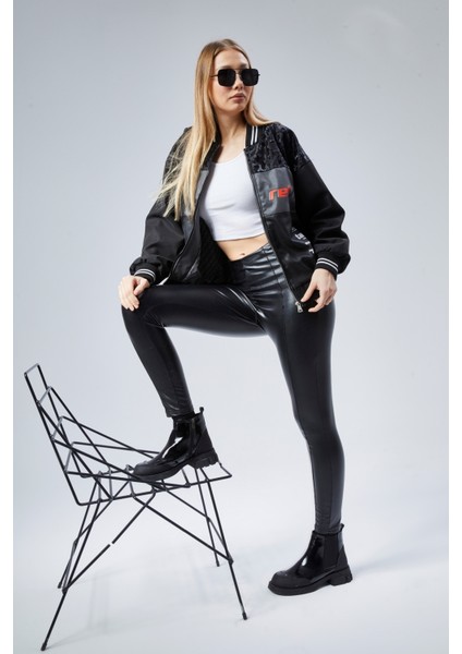 Kadın Oversize Baskılı Motorcu Yarışçı Montu Kolej Ceketi fiyatları