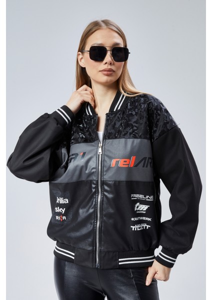 Kadın Oversize Baskılı Motorcu Yarışçı Montu Kolej Ceketi modelleri