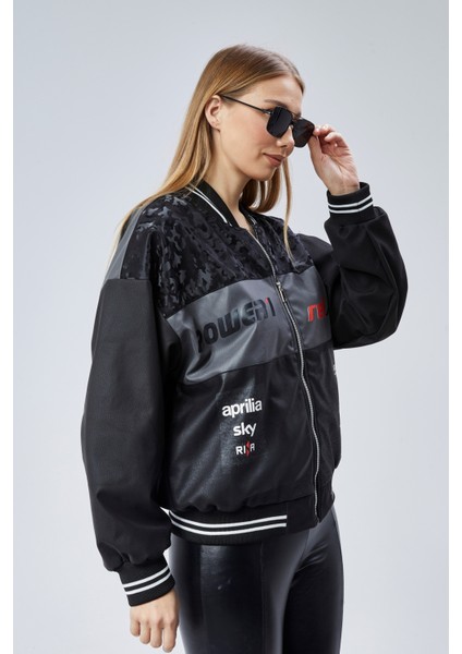 Kadın Oversize Baskılı Motorcu Yarışçı Montu Kolej Ceketi indirimleri
