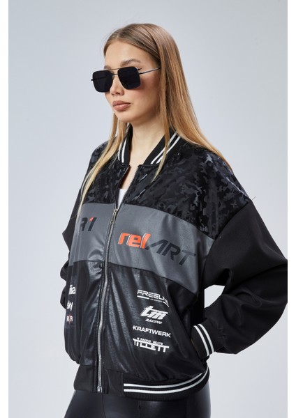 Kadın Oversize Baskılı Motorcu Yarışçı Montu Kolej Ceketi
