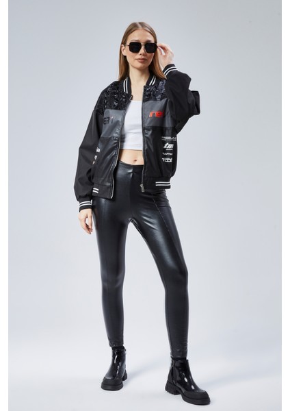 Kadın Oversize Baskılı Motorcu Yarışçı Montu Kolej Ceketi