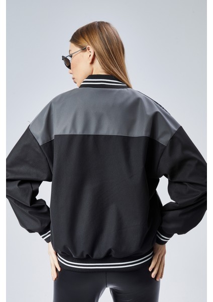 Kadın Oversize Baskılı Motorcu Yarışçı Montu Kolej Ceketi