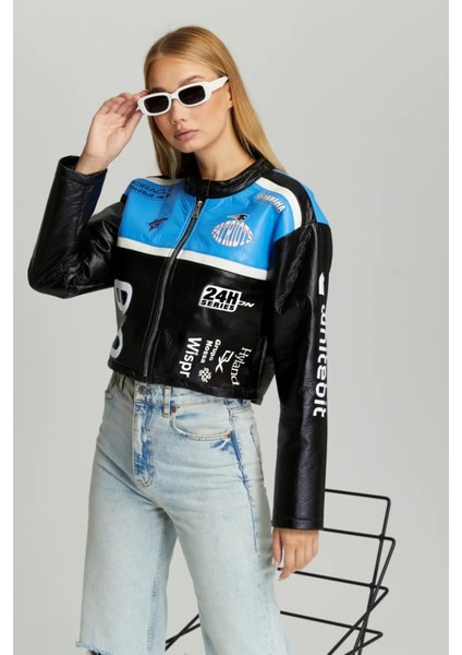 Kadın Puf Deri Oversize Baskılı Motorcu Montu Şeritli Fermuarlı Yarışçı Ceketi Bomber Kolej Mont