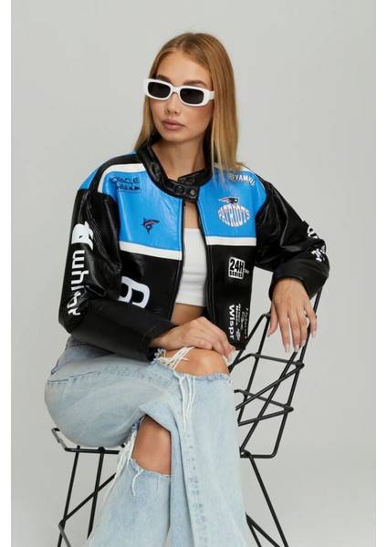 Kadın Puf Deri Oversize Baskılı Motorcu Montu Şeritli Fermuarlı Yarışçı Ceketi Bomber Kolej Mont modelleri